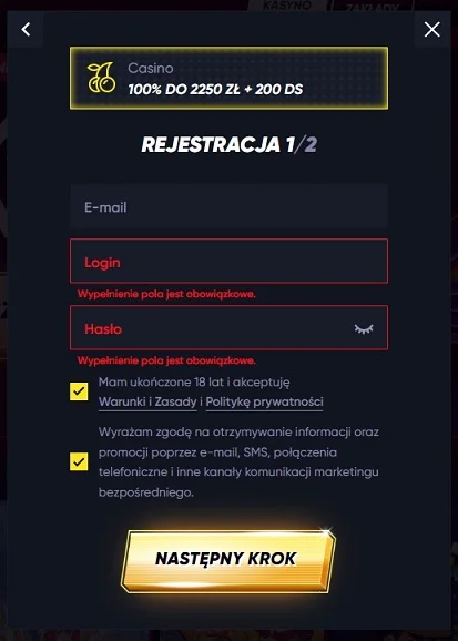 Formularz rejestracyjny w kasynie Quickwin.