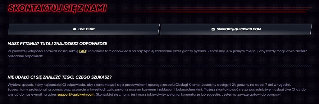 Wsparcie techniczne kasyna Quickwin.