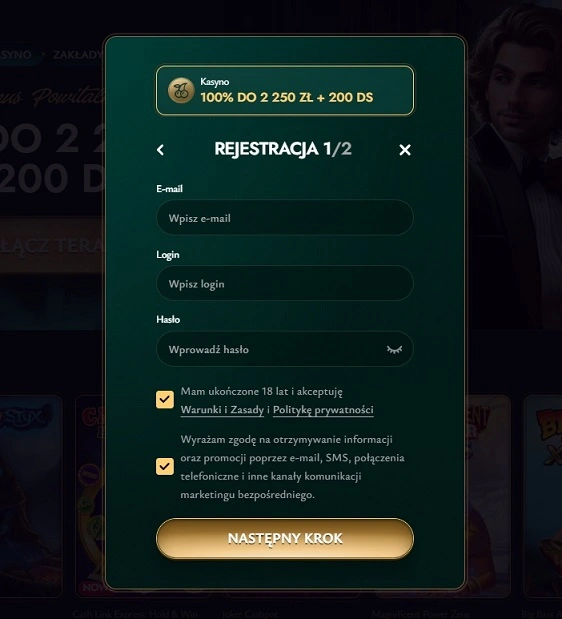 Drugi formularz rejestracji w Cashed Casino.
