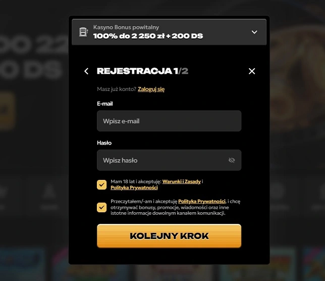 Alternatywny formularz rejestracji do Spinsy Casino