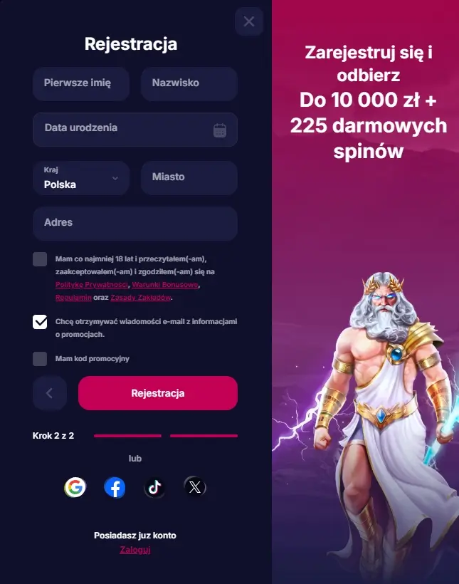 Drugi krok w formularzu rejestracyjnym NV Casino.